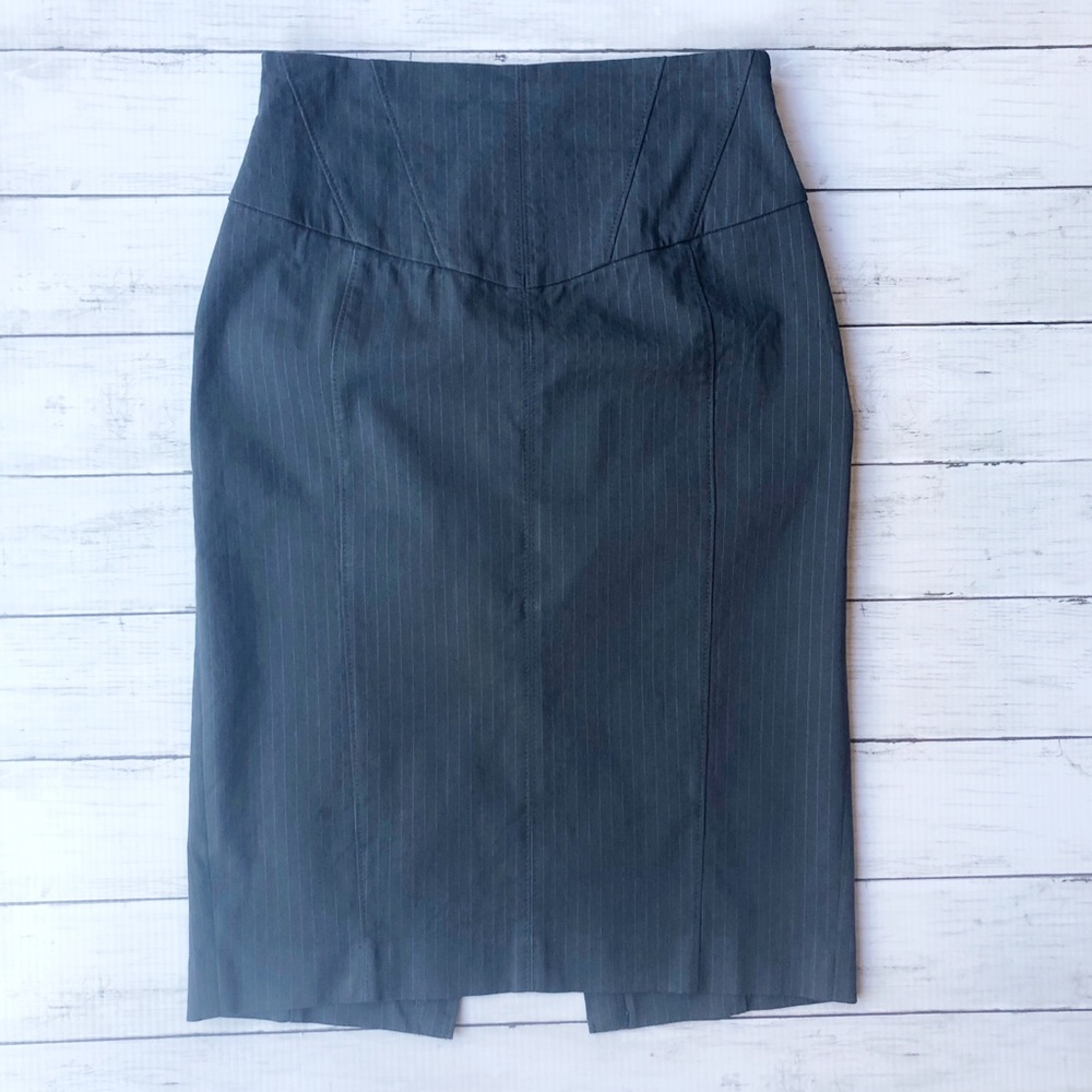 Express Grey Pencil Skirt Blue Pinstripes Ribbon Corset Detail Has Stretch Sz 2